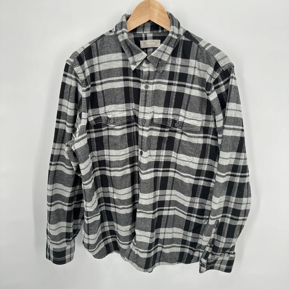 EVERLANE The Brushed Flannel Cotton Black Grey Plaid Button Down Shirt // XL - Picture 3 of 12